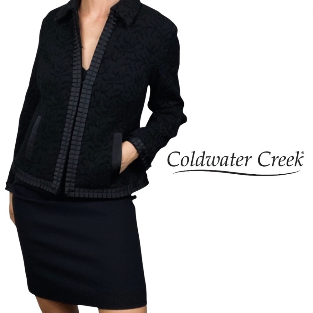 Coldwater Creek Black Brocade Shimmer Embroidered Evening Blazer Jacket - Large